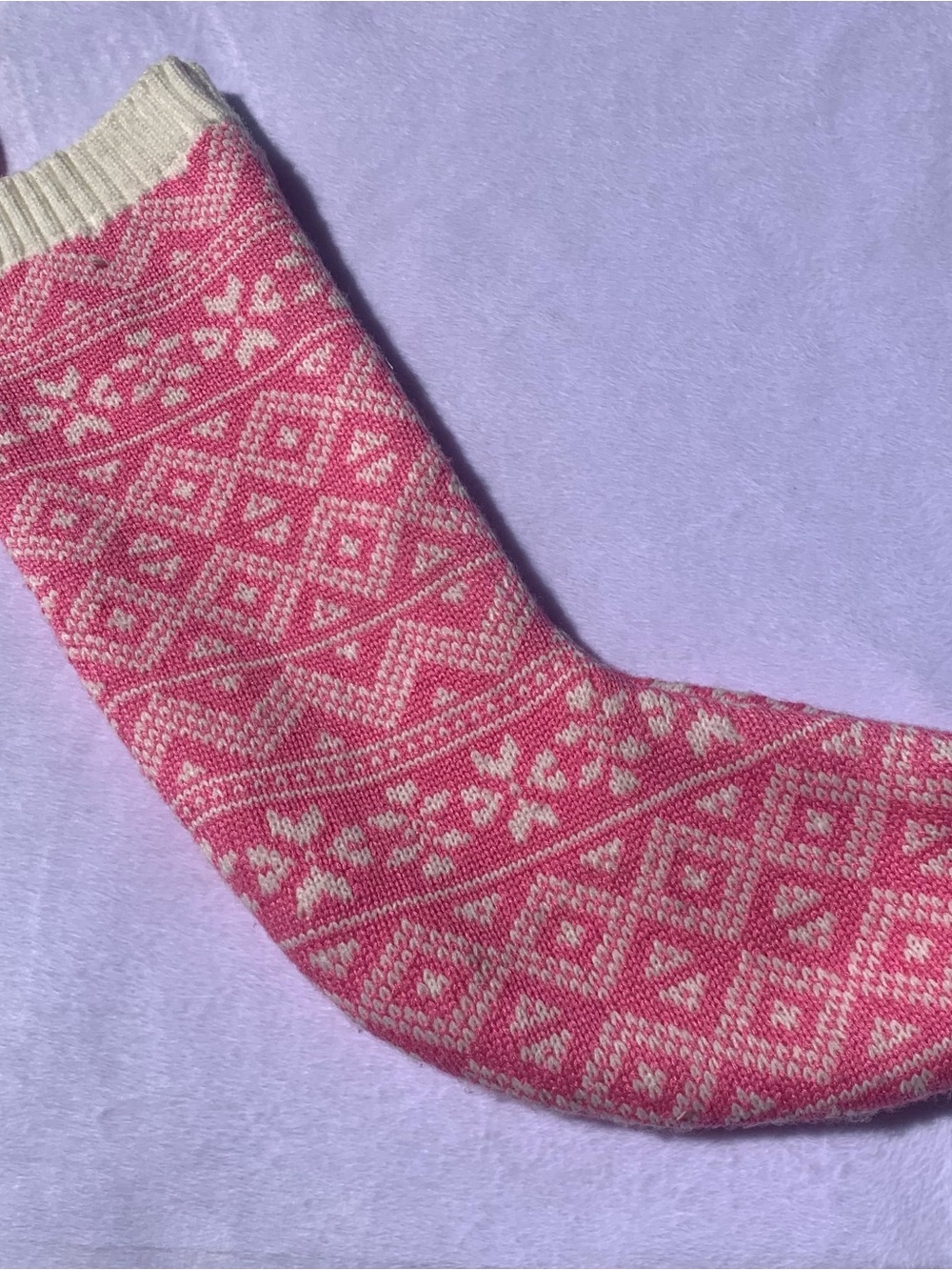 Pink/White Fair Isle Knit Holiday Christmas Stocking Large